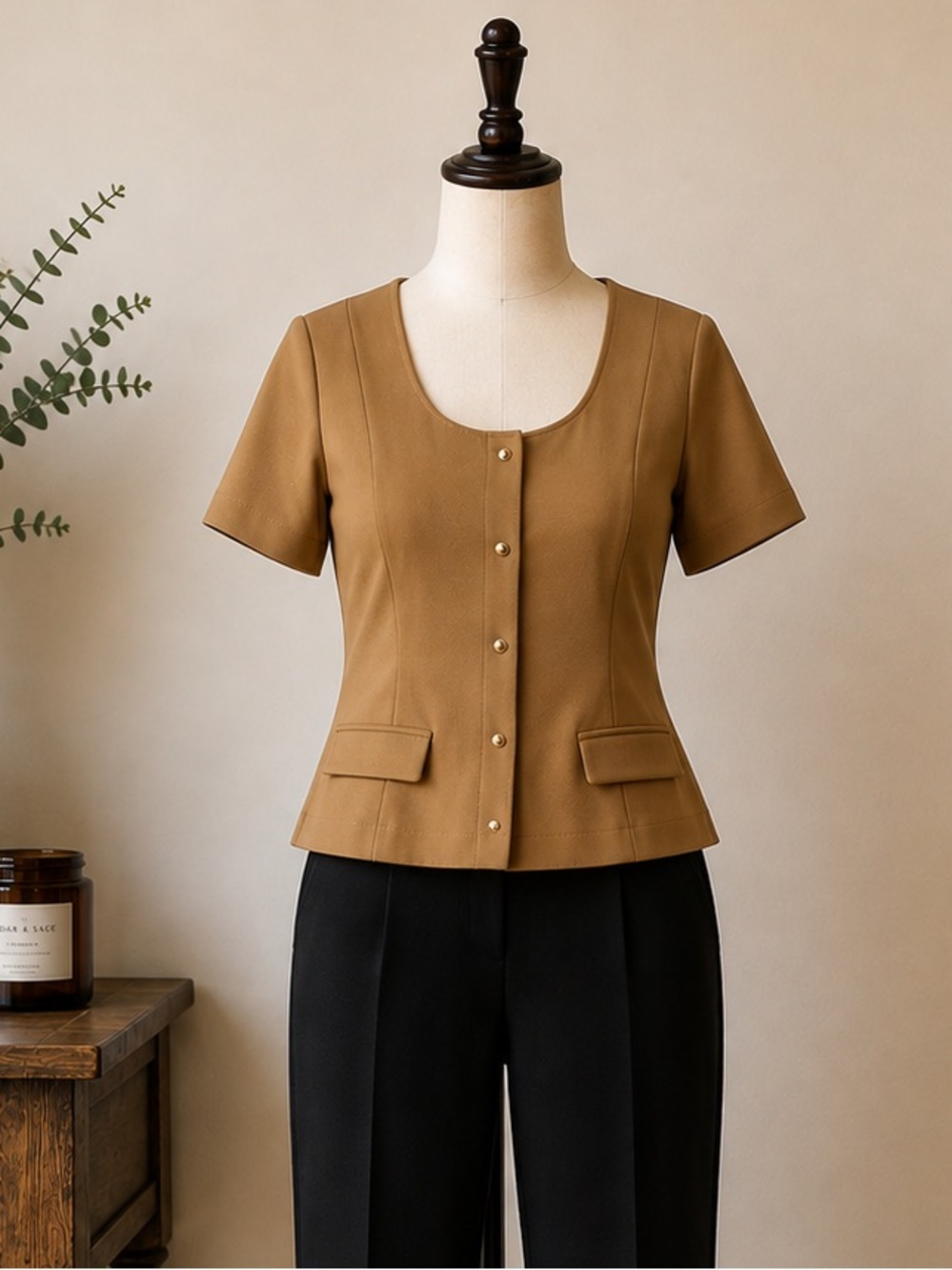 H&M Camel Peplum Top Structured Button Front Business Casual Office Siren Size S